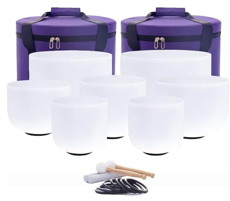 Hye-eun 6-12inch 432Hz White Crystal Singing Bowls,Set of 7pcs Quartz Frosted with 2 Heavy Duty Carrying Cases Meditation Sound Bath Sound Healing