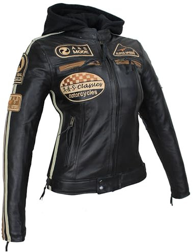 Damen Motorradjacke Lederjacke Damen Jacke mit Protektoren Lederjacke mit Kapuze Leather Jacket Biker Jacket Custom Jacke (DE/NL/SE/PL, Alphanumerisch, L, Regular, Regular, Braun Streifen)