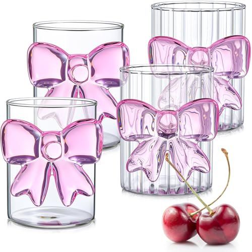 Skylety 4 Pack Cute Bow Glass Cups 12 oz Juice Coffee Milk Mug with Pink Bow Design for Hot and Cold Beverages Cocktail Glass Cups Glassware for Women Friends Party Gift