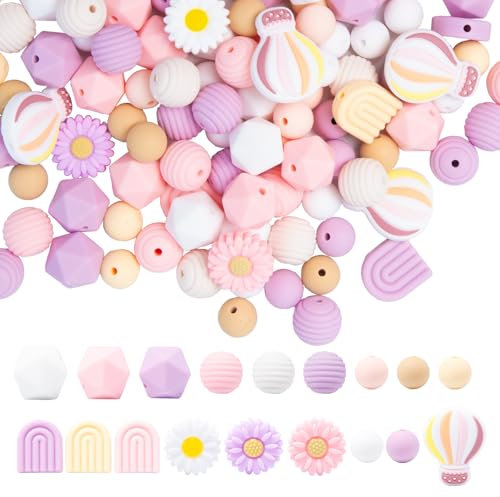 Rebanky 127 Pièces Perles Silicone Marguerite, Multicolore Perle Silicone Perles Bricolage 12mm/14mm pour Fabrication de Bijoux DIY, Bracelets, Porte-Clés et Cadeaux Créatifs (6 Styles)
