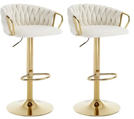 Chummaven Barhocker Höhenverstellbare 2er Set Samt Drehbar, Thekenstühle mit Geflochtener Rückenlehne Goldfuß, Gepolsterte Barstühle für Kücheninsel, Bar, Esszimmer, Café, Restaurant, Weiß