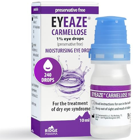 Eyeaze Carmellose Preservative Free Eye Drops - Soothing Moisture for Dry, Itchy or Irritated Eyes - Contact Lens Compatible, Gentle, Lasting Comfort - 1% for Dryness - Eye Care Products, 10ml