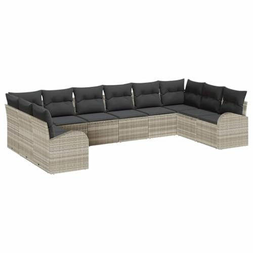 vidaXL Garten-Sofa-Set mit 10 Teilen und Kissen in Hellgrau aus Poly Rattan – Modulare Outdoor-Sitzmöbel für Terrasse und Balkon, Wicker Poolside Lounge.