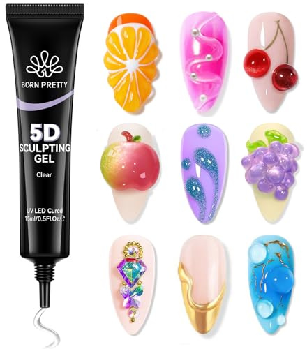 BORN PRETTY 5D Sculpting Gel, 15ml No Wipe Clear Gel Polish for Nail Art, Multi-Use DIY Nail Glue for Drawing, Molding & Decoration, Chrome Powder & Rhinestone, Required U V/LED Light Cured