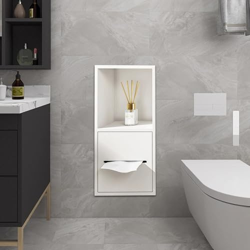 Vibeo Niche Douche Encastrable Porte-Papier Toilette Encastré pour Salle de Bain, Petite Niche Murale avec Tablette pour Téléphone, Niche WC Étanche en INOX pour Douche(White)