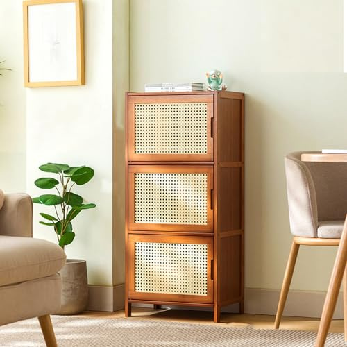 JSLJJBD Freistehender Eckschrank mit Türen Bambus-Aufbewahrungsschrank vitrinenschrank sammlervitrine Flip-Schranktür-Design Vitrine für Wohnzimmer, Schlafzimmer B 3-Tier