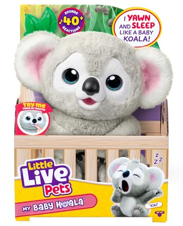 Little Live Pets My Baby Koala - Kiki - Peluche Interactivo con +40 Sonidos y reacciones - 26 cm - Bosteza, Parpadea y mordisquea su Hoja - Regalo Ideal para peques a Partir de 4 años