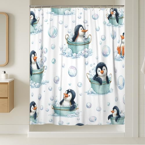 Duschvorhang mit Pinguin-Motiv, verspielte, fantasievolle Blasen-Badewanne, kein Blau, wasserdichter Stoff, für Badezimmer, Wohnung, Dekoration, 137 x 198 cm