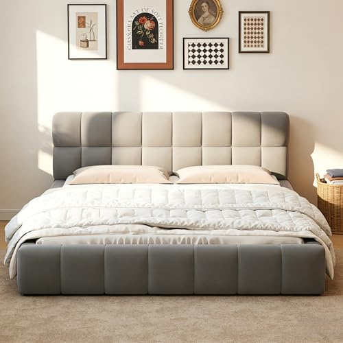 Julyue Doppelbett, 140 x 190 cm, gepolstertes Bett mit Kopfteil, aus Leinen, mit Lattenrost aus Holz, skandinavischer Stil, Matratze nicht im Lieferumfang enthalten. (Leinen grau)