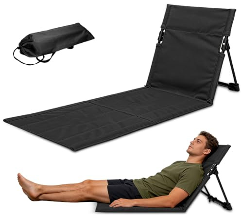Fouvin Faltbare Strandmatte mit Rückenlehne, Klappbar Strandstuhl Strandliege Klappbar Leicht, Bodenstuhl Outdoor für Camping, Garten, Konzerte, Picknick, Wandern, Hinterhof (Lange Version-Schwarz)