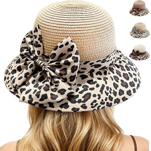 Leoprint Strohhut Damen Sommerhut Bowknot Leichter Sonnenhut Breite Krempe | Strohhüte Sommerhut Leicht für Strand Sonnenhut Damen Urlaub Reise
