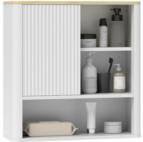 HOMCOM Armario de Baño de Pared Estantes Ajustables Blanco | Mueble de Baño Colgar, Puerta Corredera, Compartimentos, Diseño con Perfil Curvo