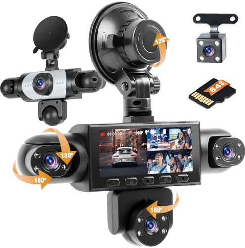 Ohradio Dash Cam 5 Canali 360° FHD con Scheda 64GB | 12 IR Visione Notturna, Loop Video, Anteriore/Posteriore/SX/DX