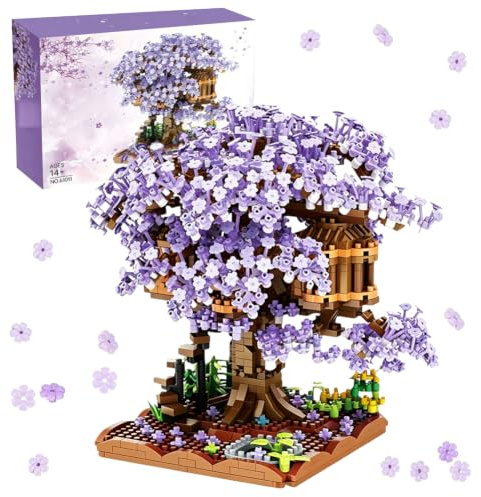 Mini Sakura Arbre Maison Construire Bloc,Ensemble de Construction Cabane dans Les Arbres,1345 Pcs Blocs De Construction Arbres De Fleurs De Cerisier, Collection créatifs de Bricolage Japonais - violet