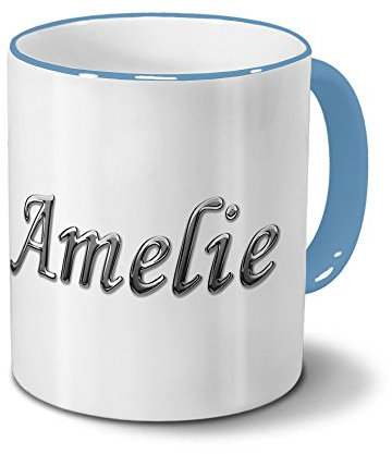 printplanet Tasse mit Namen Amelie - Motiv Chrom-Schriftzug - Namenstasse, Kaffeebecher, Mug, Becher, Kaffeetasse - Farbe Hellblau