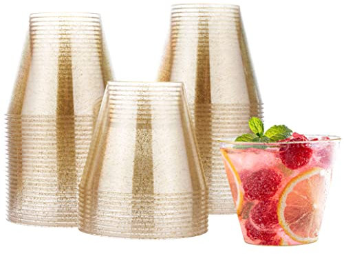MATANA 60 Gobelets en Plastique Dur avec Paillettes d'Or (270ml / 9oz) - Verres en Plastique Dorés pour Mariages, Anniversaires, Barbecues, Fêtes - Solides et Réutilisables