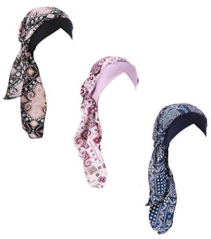 Qovelly Vorgebundener Chemo-Kopftuch, 3er-Pack, Beanie-Totenkopf-Abdeckkappe für Damen (Set6-langer Stil), L17-3 Stück, Einheitsgröße