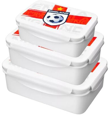 HOMESHOPA Plastic Lunch Box, 3Pk 500ML/900ML/1500ML Clip & Lock Airtight Food Storage Containers, England Football Print BPA free Leakproof Reusable Sandwich Boxes, White