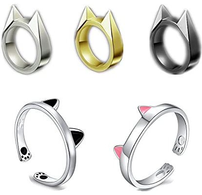 XHBTS 5 Stück Silver Süßes Katze Ring Schmuck Geschenke für Frauen Mädchen