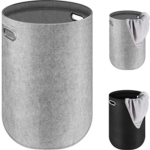 Wäschekorb Filz, Wäschesammler Faltbar, Waschekorbsammler Rund mit Griffen, Aufbewahrungskorb groß[80L/Grau]