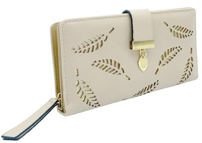 HXT-OAK Portefeuille en Cuir PU pour Femme avec découpe Feuille Pendentif Feuille 12 emplacements pour Cartes et Organiseur à glissière pour pièces de Monnaie Blanc Laiteux