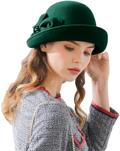 RZTA Damen Vintage Hut 100% Wollfilz Cloche Bucket Bowler Hut Winter Vintage Schleife Fedora Kirche Derby Fascinator Hut
