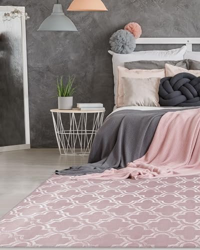 Qiyano Teppich Kurzflor marokkanisches Muster seidiger Glanz dünn weich für Wohnzimmer Schlafzimmer Läufer mit Anti-Rutsch, Farbe: Rosa, Größe: 80 x 150 cm