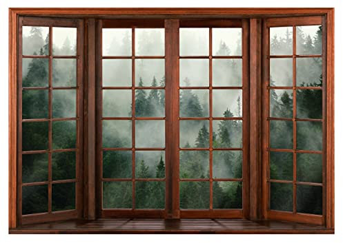 Fototapete Fenster mit Aussicht 3D EFFEKT Wald Nebel Ausblick Wohnzimmer Schlafzimmer Vlies Tapete inklusive Kleister Wandtapete UV-Beständig Montagefertig (152x104 cm - 1 Bahn)