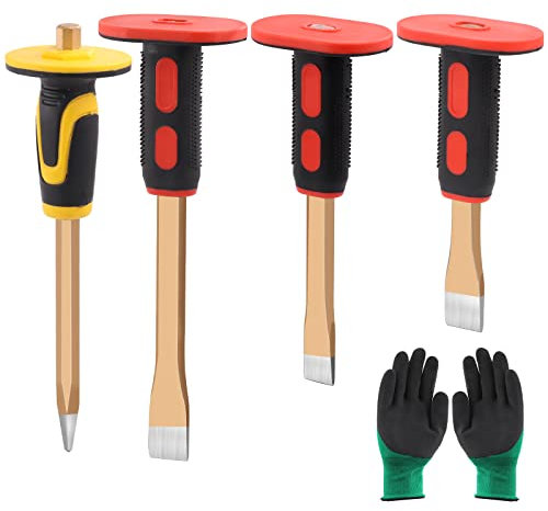 Mardatt Lot de 5 ciseaux à maçonnerie robustes avec protection de main et gants, 19,8 cm, 24,9 cm, 30 cm, burin plat et burin à béton pour démolir la sculpture, le tartrage, la coupe