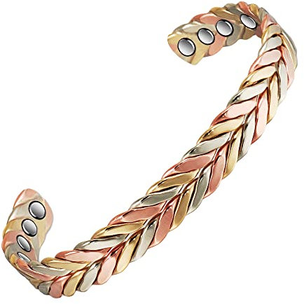 MagCopper Handgefertigtes magnetisches Kupfer-Armband/Ring-Schmuck-Set für Frauen oder Männer, dreifarbiger geflochtener Kupferschmuck, Armreif/Ring aus reinem Kupfer