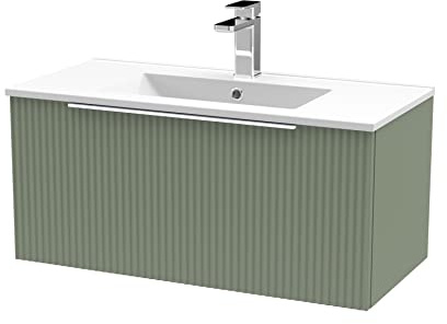 Hudson Reed DFF896B Fluted Modern Bathroom Wall Hung 1 Drawer Vanity Basin Unit with Minimalist Ceramic Basin, 800mm, Satin Green