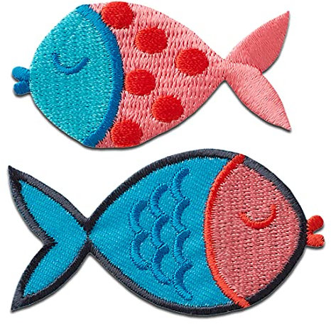Mono Quick Fische 2 Stück rot blau Tier - Aufnäher, Bügelbild, Aufbügler, Applikationen, Patches, Flicken, zum aufbügeln, Größe: 3,3 x 6,2 cm