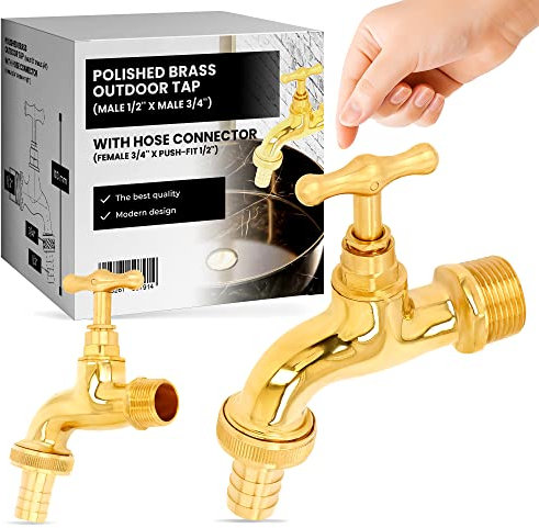 Robinet de Jardin Extérieur d'Eau Laiton Poli (1/2'' FM x 3/4'' FM avec raccord de tuyau 3/4'' FF x 1/2'' W)
