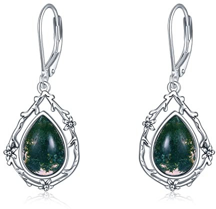 POPLYKE Moos Achat Grüne Edelsteine Tropfen Dangle Ohrringe Sterling Silber Leverback Ohrringe Schmuck