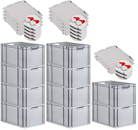 PROREGAL SuperSparSet 10x Eurobox NextGen Grip mit Scharnierdeckel und roten Schiebeschnappverschlüssen, HxBxT 32x40x60cm, 65 L, Grau, Griffe offen, Eurobehälter, Transportbox