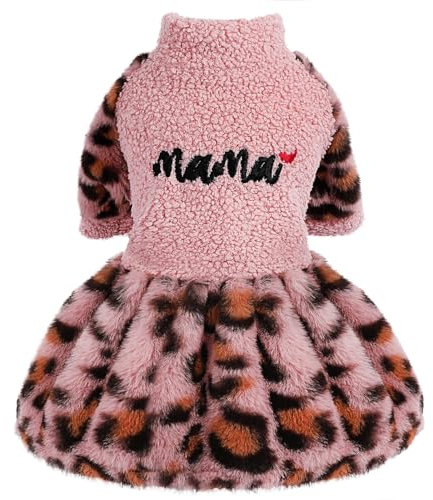 Leopard Dog Sweater Dress Fleece Puppy Dresses for Small Dogs Girl Winter Warm Pet Clothes Female Birthday Party Outfit for Chihuahua Yorkie Shih Tzu Teacup Cold Weather Cat Apparel Skirt Clothing