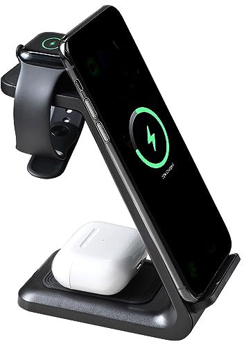 Callstel Wireless-Ladestation: 3in1-Ladestation 20 Watt für iPhone, Apple Watch und AirPods, schwarz (Schnellladestationen für Apple, Tisch-Lade-Stationen für, kabelloses Laden)