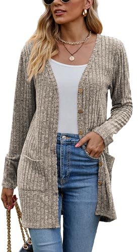 Famulily Women's Long Sleeve Open Front Cardigans, Button Down V Neck Lightweight Outwear Jumpers with Pockets, Solid Rayon Polyester Spandex, S-XXL, Beige/Black/Blue/Army Green/Khaki/Red/Wine