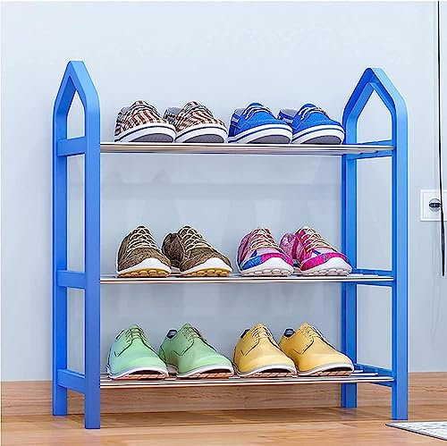 Schlankes Schuhregal aus Metall, klein, schwarz, 3 Etagen, geschlossene Schuhschränke für bis zu 9 Paar (Farbe: Blau, Größe: 58 cm)