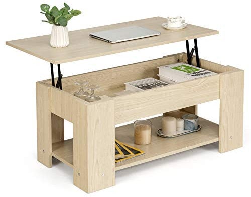 CASART Lift Top Coffee Table, Wood Lifting Center Table with Hidden Compartment & Open Shelf, Modern Tea Table Cocktail Table for Living Room Office Bedroom (Natural)