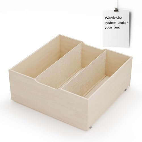 Hansales Massivholz Unterbettbox mit Rädern und Fächern 97,5x69x40cm, Holzschubladen für Betten Anu und Triin