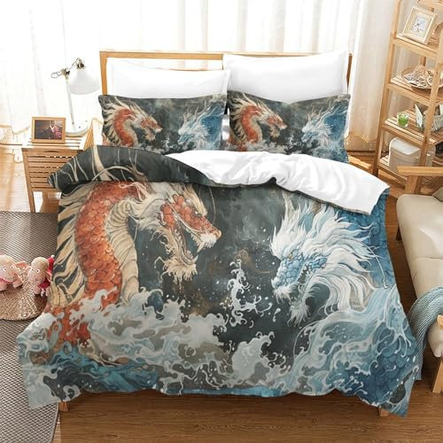 TNFHSOFT Le Dragon Bettbezug-Set Kinder Bettwäsche-Set Für Jungen Mädchen Erwachsene 3-Teilig Bettbezug Reißverschluss Mit Kissenbezug Super King（260x220cm）