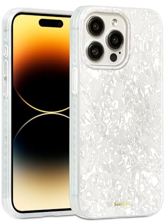 SCORPIFY für iPhone 15 Pro hülle mit weißem Perlen Design [Kompatibel mit Magnetic], süße, transparente, magnetische Telefonabdeckung mit Perlmutt Muschel Muster für Frauen, Mädchen und Männer
