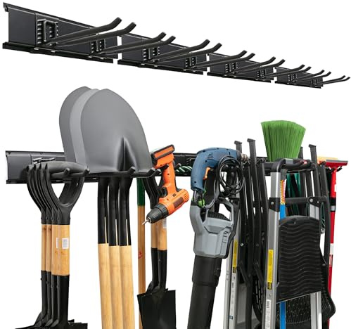 TIDYME Garagen-Werkzeug-Organizer, Wandhalterung, stabiles Aufbewahrungsregal mit verstellbaren Haken, rostfreie Platte, einfache Installation, 180 kg Kapazität, Gartenwerkzeug-Organizer für Garage