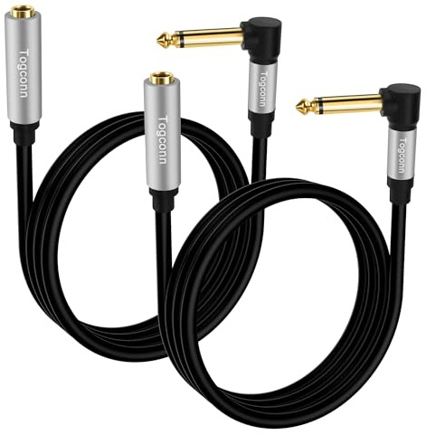 Togconn 3 Feet Right Angle 1/4 inch TS Extension Cable 2-Pack, 6.35mm 1/4 TS Male to Female Mono Adapter Jack，Quarter inch Headphone Guitar Extension Cable, Hi-Fi Sound, Gold Plated Connectors