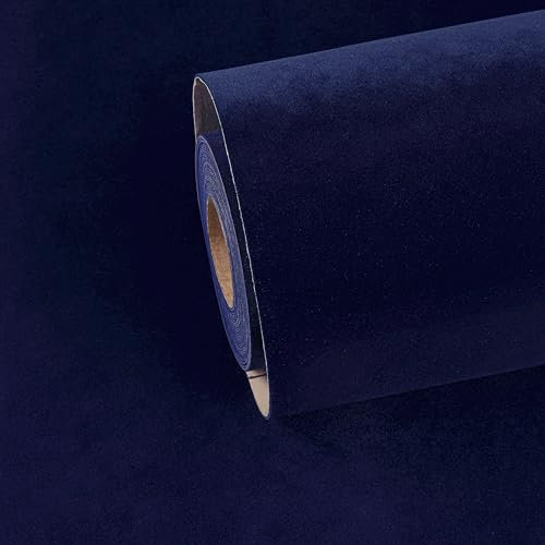ReWallpaper Royal Blue Velvet Fabric Wallpaper Self Adhesive Flocking Wallpaper Velvet Dark Blue Plain Wallpaper Vintage Contact Paper for Shelves Jewellery Box Felt Lining 44.5cm×2m