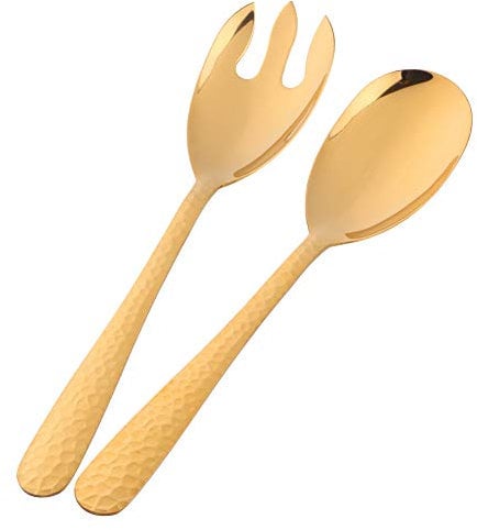 TEAHAHA 12 Inches Stainless Steel Salad Server Sets with Salad Spoon and Fork, Cooking Utensils for Kitchen, Simple and Classic Dishwasher Safe (Gold)