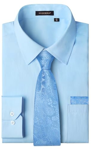 HISDERN Mens Blue Shirts Long Sleeve Formal Dress Shirt and Tie Set Business Button Down Regular Fit XL