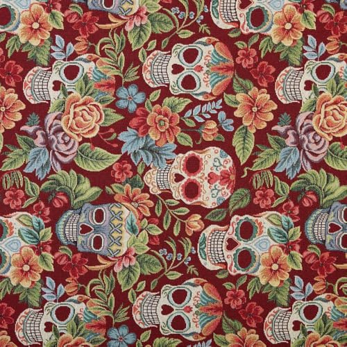 Kt KILOtela - Polsterstoff, Jacquard Gobelin, zum Polstern von Stühlen, Kissen, Kopfteil, Sofa, Taschen, Verschleißfest, Breite 280 cm, Länge wählbar 50 in 50 cm, Totenkopf, Granatrot