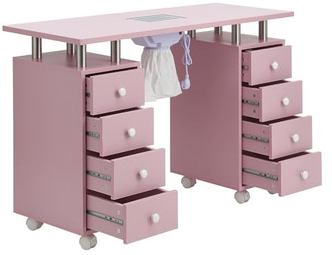 Rosa Nageltisch mit 8 Schubladen 119x45x78.5 cm Maniküretisch Mittlere Faserplatte Staubsauger Maniküretisch mit Absaugung Nageltisch Tragbaresmanikürtisch mit Rollen Mobiler Maniküre Tisch